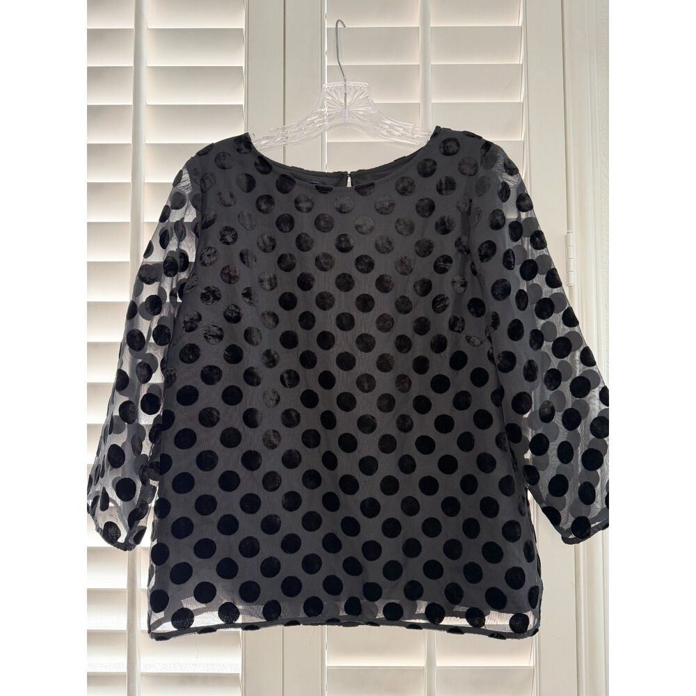 RSVP by Talbots Black Sheer Mesh Velvet Polka Dot Blouse Size MP